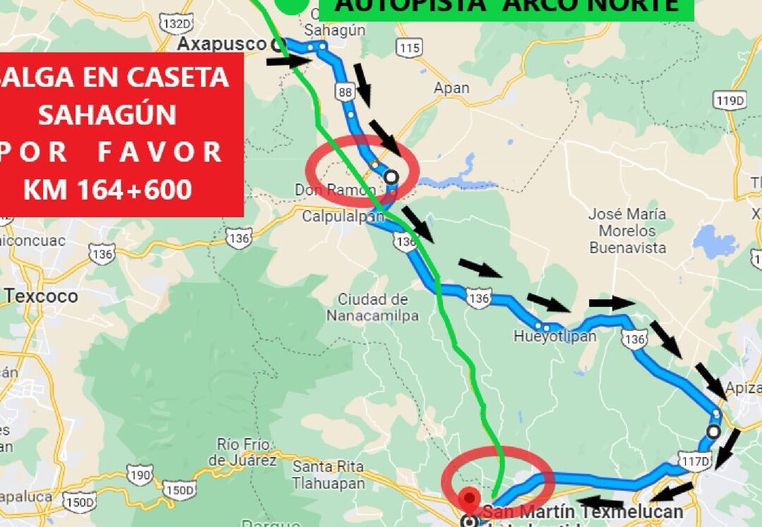 distancia puebla toluca por el arco norte trayecto mas rapido